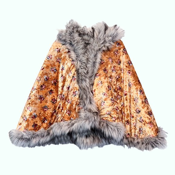 Jackets & Blazers - Reversible Faux Fur Velvet Cape - floral yellow and grey